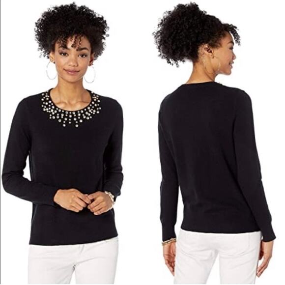 LILLY PULITZER Odetta Jeweled Sweater Black Merino Wool Cashmere SZ Extra Small - Picture 2 of 11